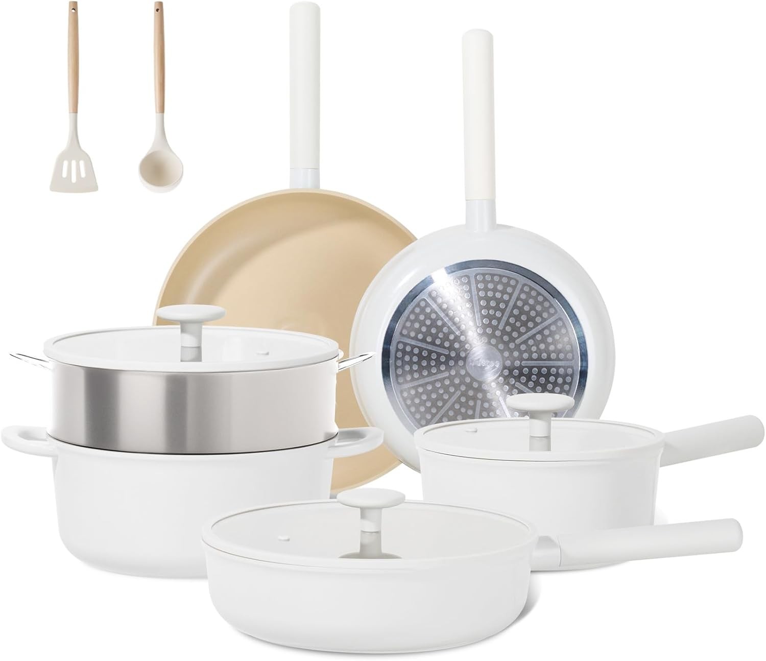 JEETEE 16-Piece Non-Stick Ceramic Cookware Set in Beige