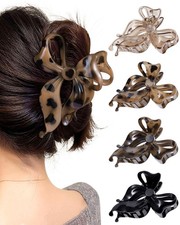4 Pack 4.1 inch Black Leopard Bow Claw Clip Large Matte Strong Hold for Hair