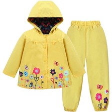 Autumn Spring Children Waterproof Long Sleeve Coat Pants 2pcs Flower Print Baby