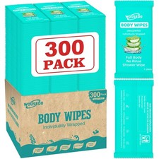 300 Pack Individually Wrapped Body Wipes 8" x 9.5" ,No-Rinse Shower Wipe for...