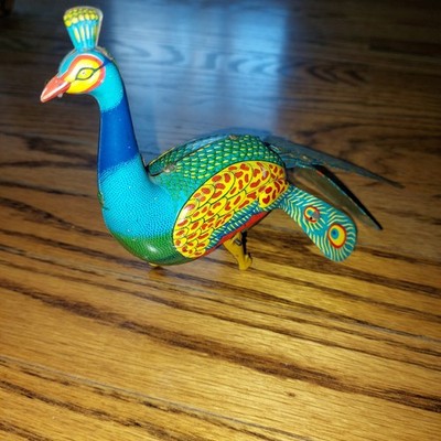 Vintage Proud Peacock Wind-Up Tin Peacock Toy ALPS Japan Made Missing Feet Works