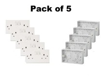 5 x White 2 Gang Twin Double Switched Wall Socket + 25mm Surface Pattress Box