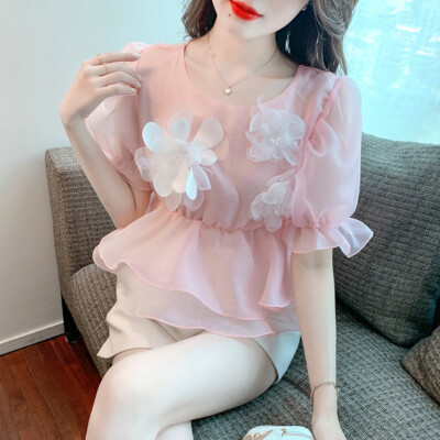 Summer Women Ruffle Edge Shirt Tops Sweet Short Sleeve 3D