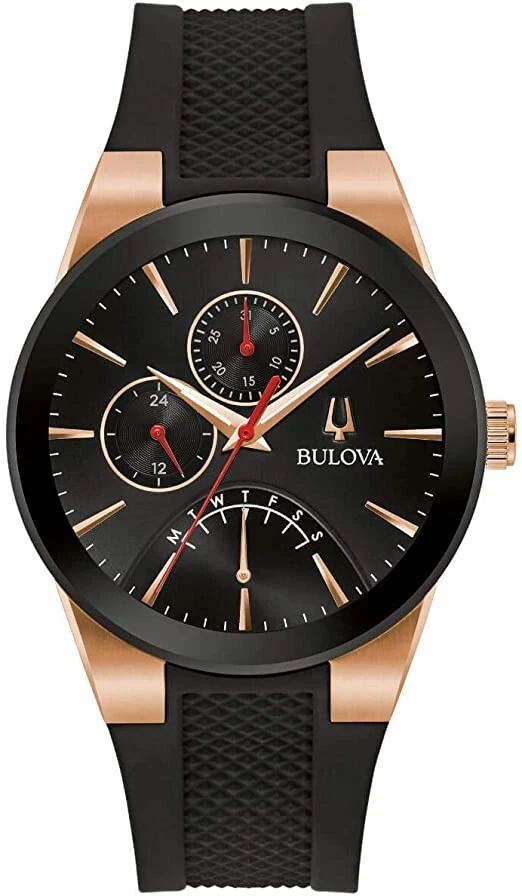 Bulova Futuro Hombre Moderno Día Calendario Cuarzo Negro Goma Reloj 41 MM 97C111