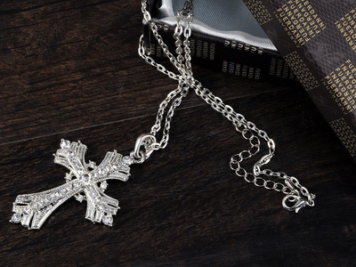 Alilang Silvery Tone Religious Cross Pendant Necklace W/Aquamarine
