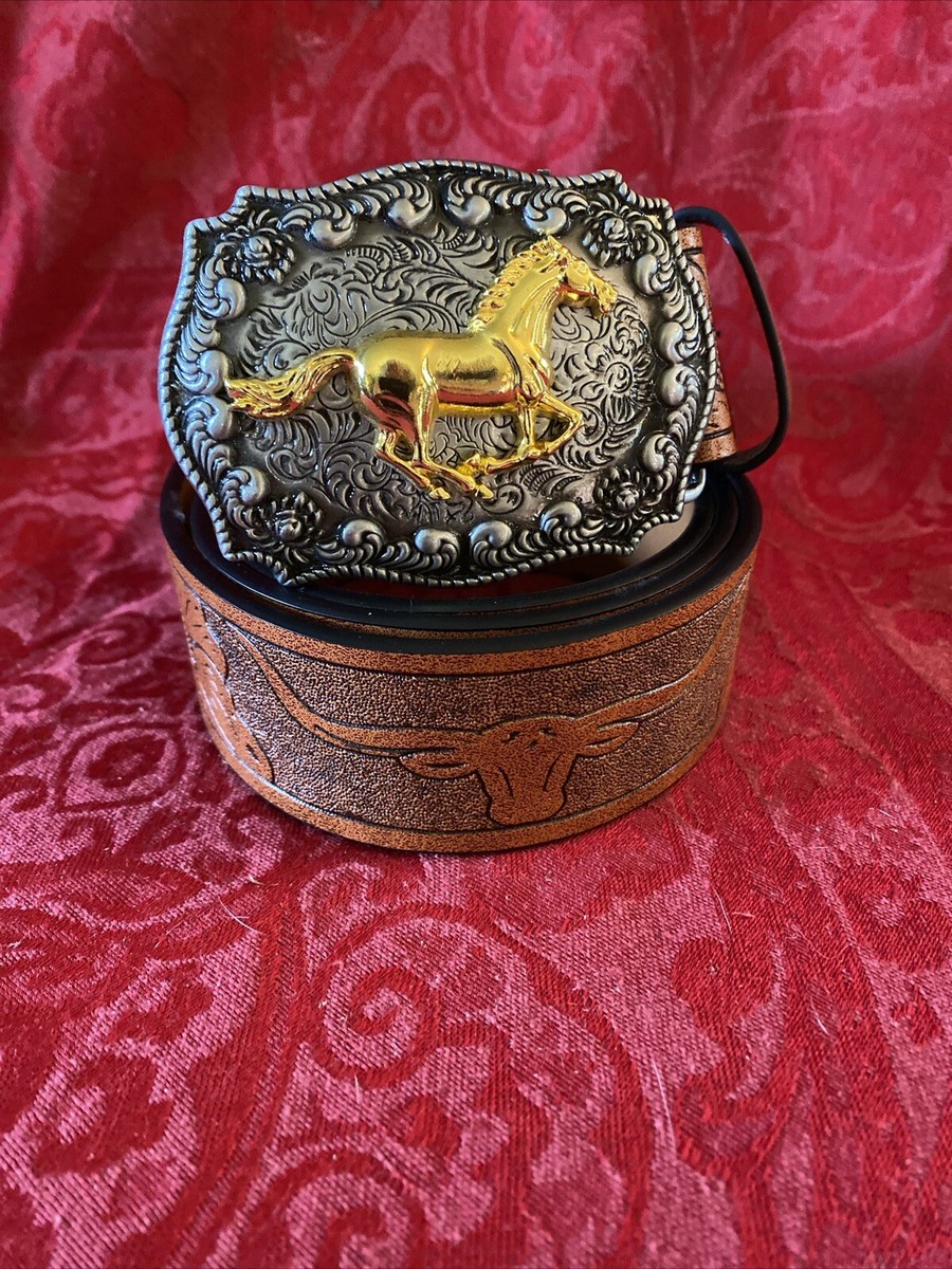 HinyBoeh Western PU Leather Belts For Men And Women Cowboy Cowgirl Longhorn Bull Pattern Engraved Buckle Belt Unisex