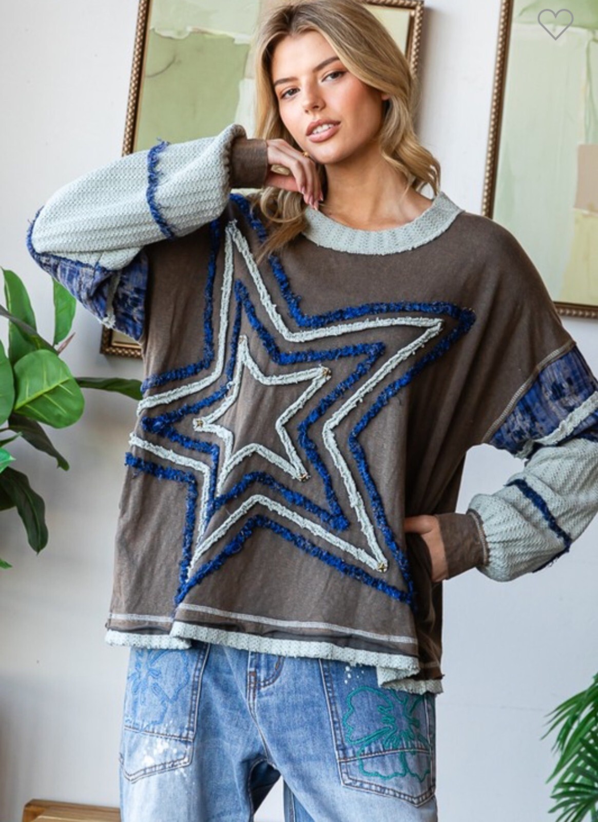 Buckle Oli & Hali Oversized Boho Washed Star Patchwork Shirt in Charcoal