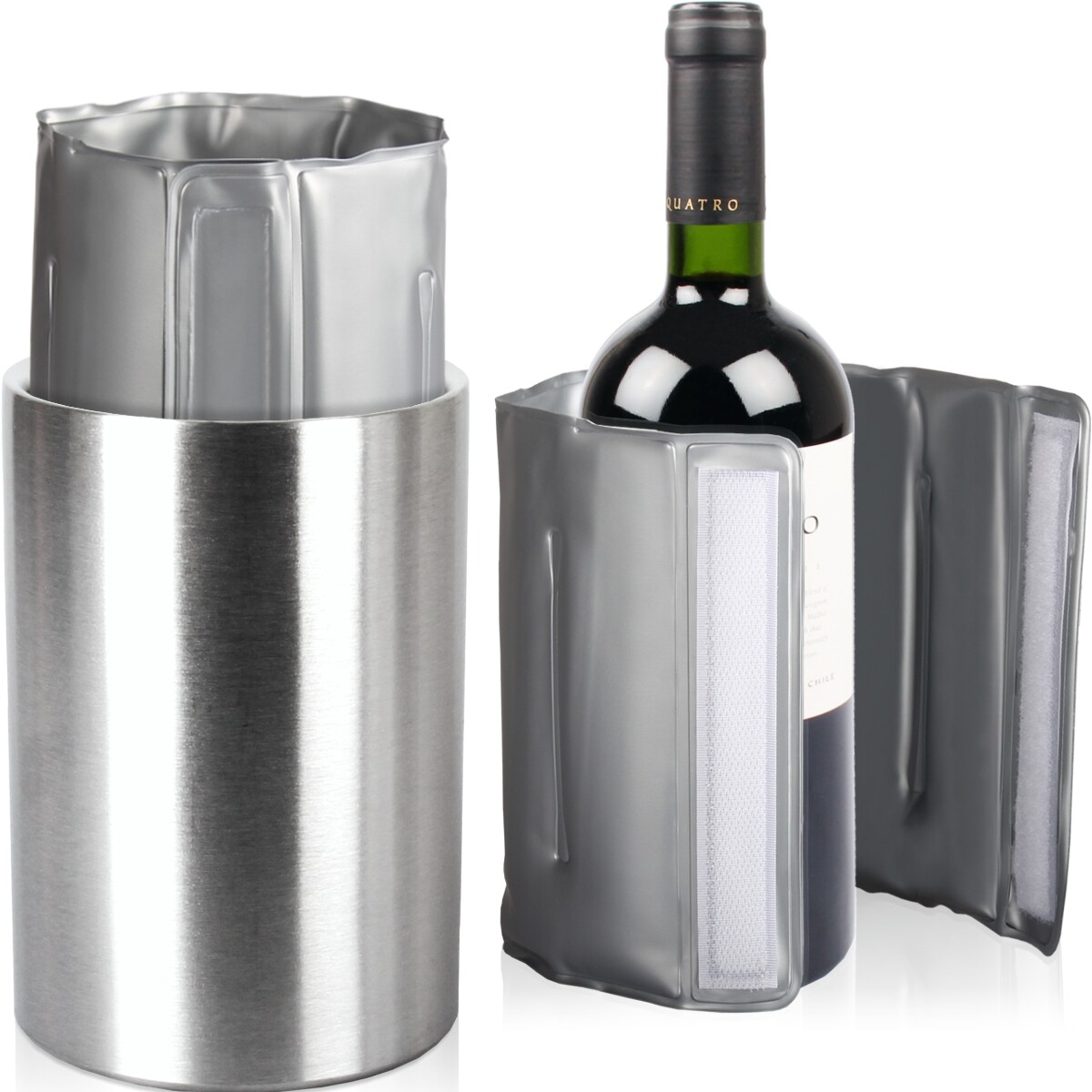 Weinkühler doppelwandig + 2x Kühlmanschette Sekt Flaschen Kühler Kübel Edelstahl