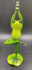 Yoga Frog Standing Zen Pose Green With Gold Color Trim 9.5” Polyresin 