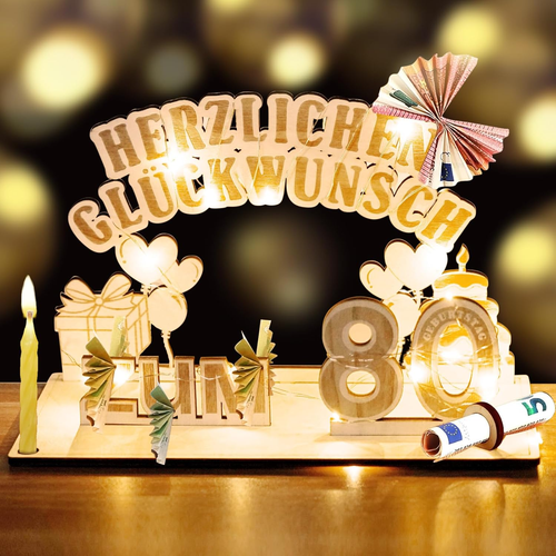 80. Geburtstag Frau Mann, Geldgeschenke Holz Mit LED Lichterkette, Geschenk Zum - Bild 9 von 12