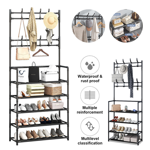 4/5 Tier 8 Hooks Hat & Coat Hanger Stand Shoe Rack Metal Shelf Storage