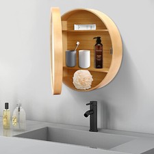 20 5in Log Color Round Bathroom Mirror Cabinet With Wall-mounted Hidden Storage