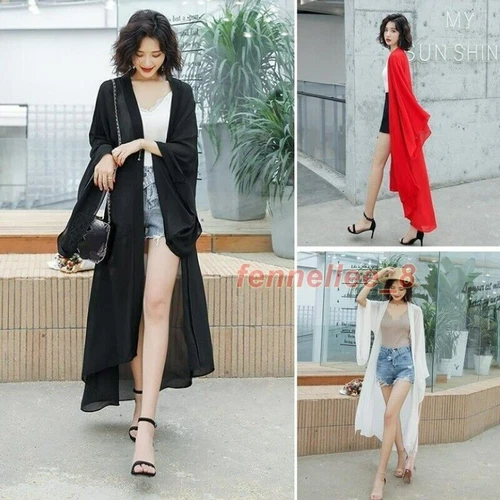 Damen Transparent Chiffon Kimono Lange Jacke Cardigan Schal Achselzucken Bolero Sommer Strand - Bild 9 von 25