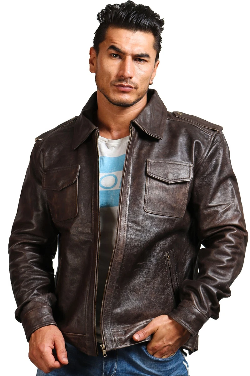 Morpheus Murky Leather Jacket Men Patch Pockets Barrel Cuffs Epaulette Shoulders