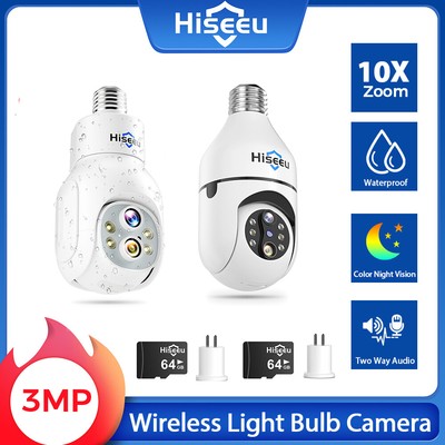 Hiseeu 3MP Light Bulb Wireless Wifi Security Camera Dual Lens 10X Zoom 