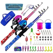 Kids Fishing Pole, Portable Telescopic Kids Fishing Poles for Boys Blue+Pink