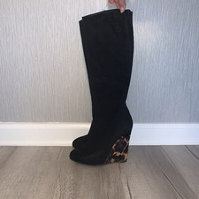 Giuseppe Zanotti Black Suede Boots Leopard Print Wedge Calf Trim Size 37.5