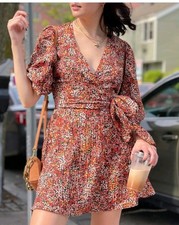 MINKPINK Gabae Faux Wrap Mini Dress Multi Floral Print Fully Lined Women's Sz S