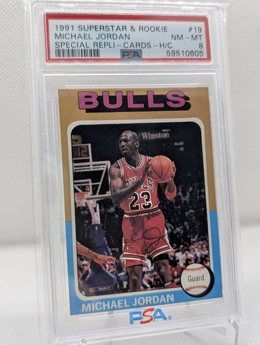 1991 SUPERSTAR & ROOKIE REPLI-CARDS MICHAEL JORDAN #19 BULLS RARE💎 PSA 8 💎🏆🔥