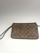 Coach Signature Brown Canvas Zip Wristlet Wallet w/ Wrist Strap Credit Card