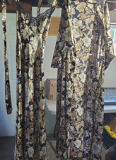 Vintage Vanity Fair Black Gold Floral Satin Nightgown Robe Set Made In USA