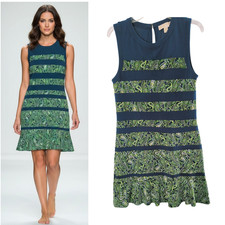 MICHAEL Michael Kors Tiered Shift Dress Size M Green Paisley Color Block Trim
