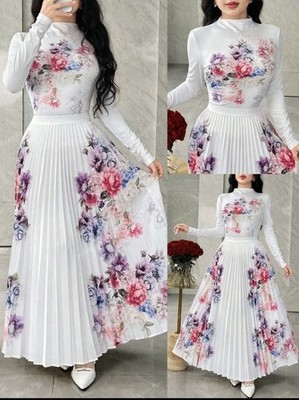Women's Floral Print Stand Collar Long Sleeve Top And Pleated Midi Skirt 2-Piece