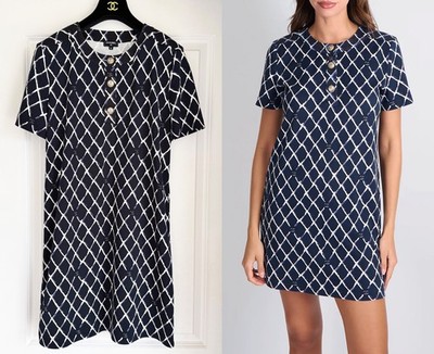 CHANEL 18M COCO BEACH NAVY BLACK WHITE CC LOGO BUTTONS MINI DRESS 42