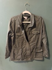 Christopher  Banks Women's Olive Button Zip Drawstring Basic Jacket L Pockets