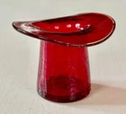 BLENKO Art Glass Small Hand Blown Ruby Red Crackle Glass Vase-Mini Top Hat