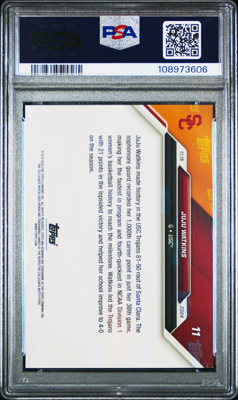 Graded 2024 Topps Bowman U Now JuJu Watkins #11 Rookie RC Card PSA 10 view 2
