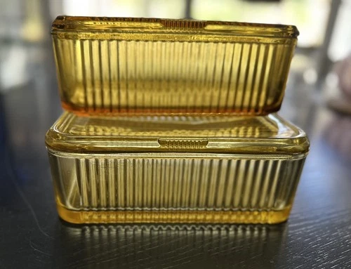 Two Vintage  Federal Glass Amber Yellow  Ribbed Refrigerator Lidded Boxes READ