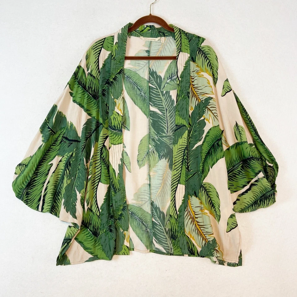 Soft Surroundings Kimono Cardigan L XL Tropical Leaf Print Beige Green Resort - Image 2 of 4