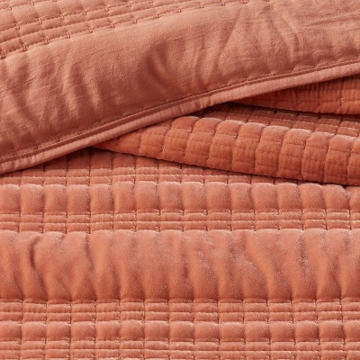 Threshold Velvet Quilt Solid Quilted Lightweight, Terracotta/Bronze, King - Picture 3 of 3