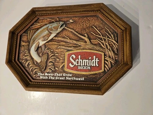 Vintage Plastic 1980s Schmidt Beer Woodie Fish Advertising Sign Wall Mount