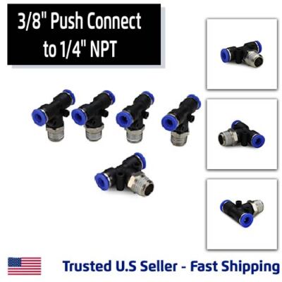 5 Pack, Branch Tee Pneumatic Fitting, Push Connect 3/8'' Tube to 1/4''NPT