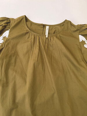 Anthropology Women s Green/olive/vert Cotton Shirt With Embroidery / Lace Medium