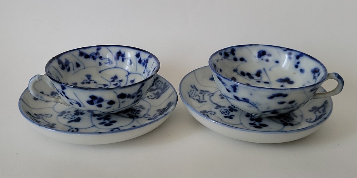 2 Antique Japanese Chinese Flow Blue Delicate Porcelain Teacups