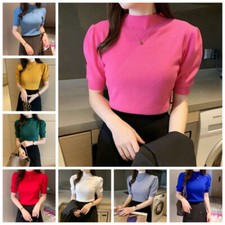 Women Faux Cashmere Shirts Tops Short Puff Sleeve Tee Jumper Knitwear T-shirts