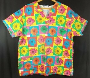 Lydias Professional Uniforms Scrub Top Large Flowers Daisy S Multicolor Ebay