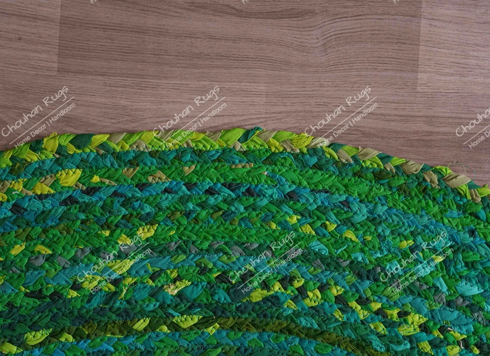 Alfombra/felpudo redondo de algodón hecho a mano, alfombra redonda verde hecha a mano para alfombras de sala de estar Foto 4 de 4