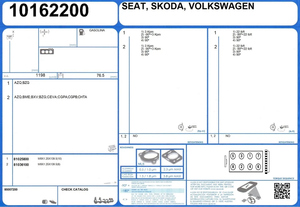 Juego completo de juntas de conversión de reconstrucción de motor VOLKSWAGEN POLO 1.2 60 CGPB (6/2009-) Foto 2 de 2