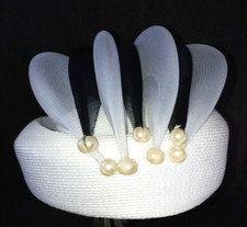 vtg White Pillbox Hat Blk/White/Pearl Netting Formal Church Head sz 7"