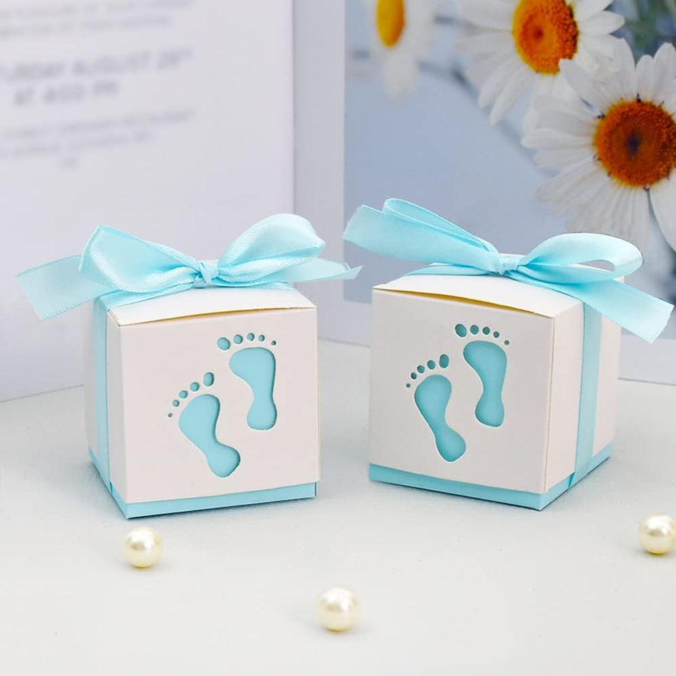 Baby Shower Favor Boxes Blue Footprint Candy Boxes with Ribbons for
