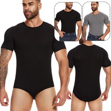 Men's One Piece Bodysuit Short Sleeve Romper T-Shirt with Press Button Crotch