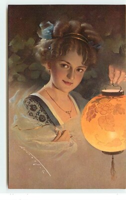 Young woman wearing an orange shawl and lantern - No. 15662 - 20368
