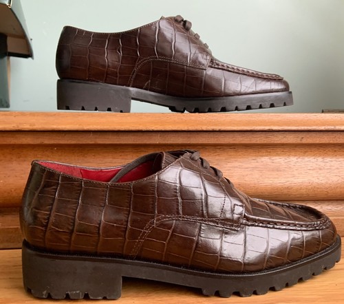 New Ralph Lauren Womens Leather Oxford / Loafer Croc Embossed Brown Sz 5 1/2 B - Picture 2 of 10