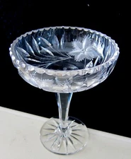 VINTAGE BRILLIANT CUT FLOWERS LEAVES COMPOTE FOOTED BOWL 8 1/2"