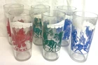 Set of 6 Vtg. Hazel-Atlas Libbey Circus-Themed Drinking Glasses Blue, Green, Red