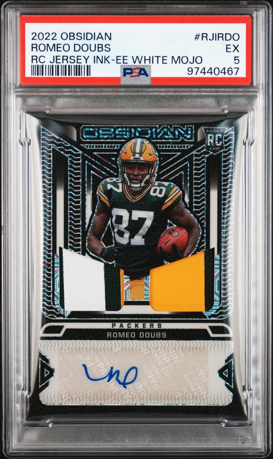 Romeo Doubs Panini Obsidian Rookie Jersey Ink #RJIRDO Electric Etch White Mojo